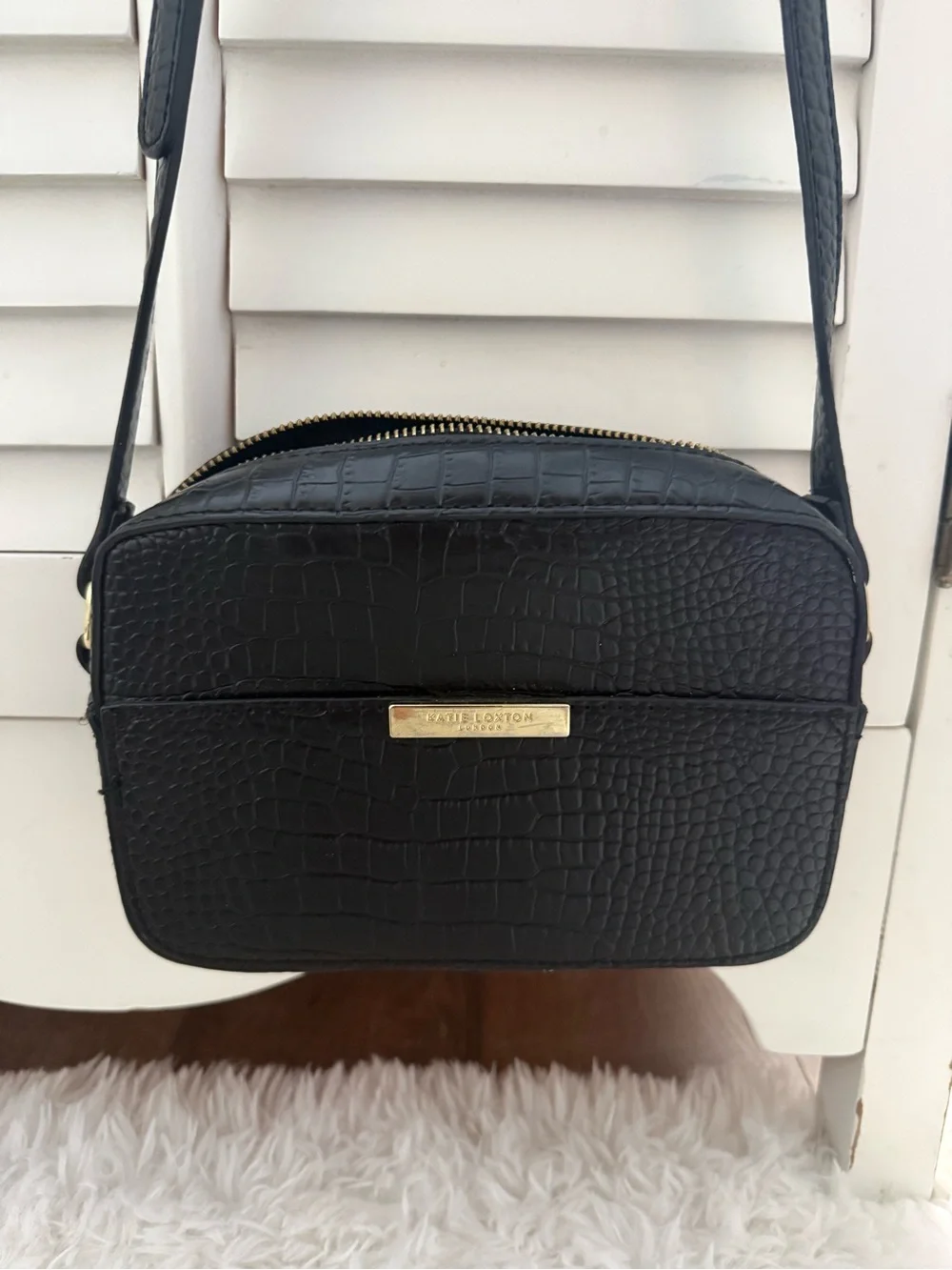 Black Croc-Embossed Crossbody Bag with Gold Accent